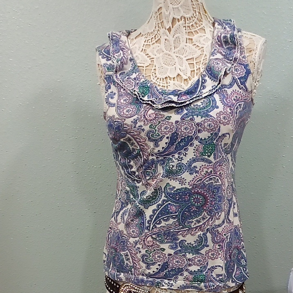 Tommy Hilfiger Floral Paisley Sleeveless Top with Ruffle Neck Size S